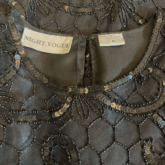 VTG Women's NIGHT VOGUE Shimmering Blk Sequin Beaded Short Sleeve Lined Top Sz M - Picture 3 of 11